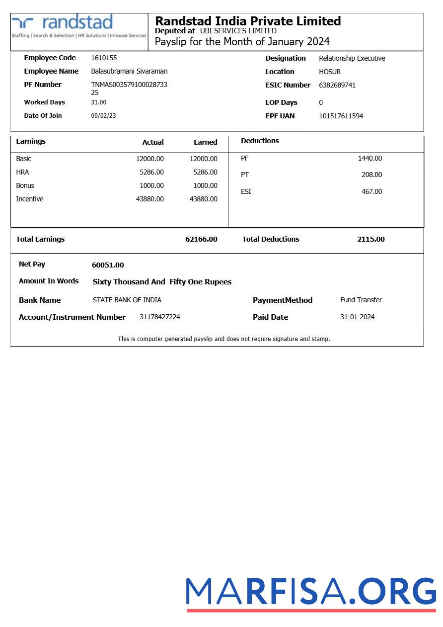 Blank Randstad India payslip download for verification